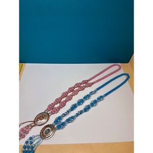 Vintage Style Beaded Concho Necklace Set Pink Blue Silver Tone Western Boho 20in